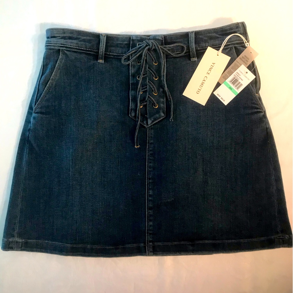 NWT Vince Camuto Denim Mini Skirt with Lace Up Front and Side Zipper